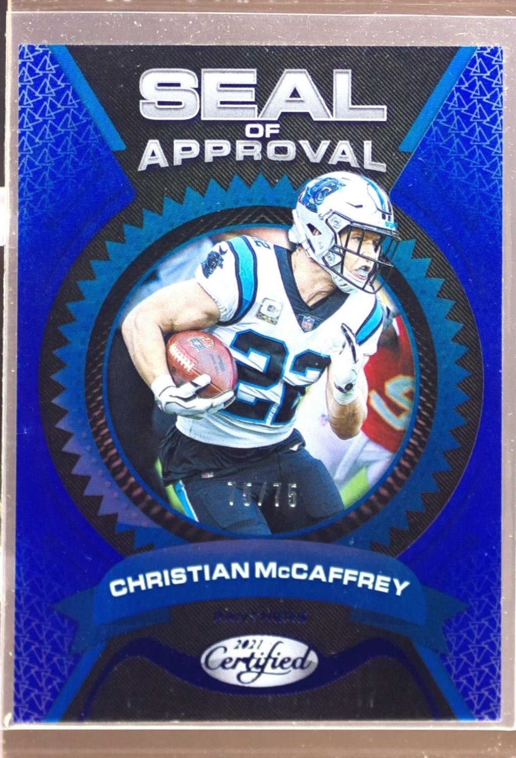 2021 Certified Christian McCaffrey /75 #SA-20 Panthers Seal of Approval Blue