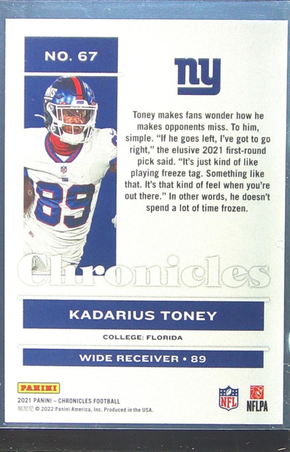 2021 Chronicles Kadarius Toney RC #67 Giants - Image 3