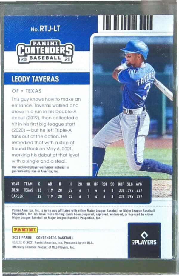 2021 Contenders Leody Taveras JSY RC #RTJ-LT Rangers Rookie Ticket Jersey - Image 3