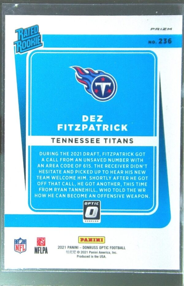 2021 Donruss Optic Dez Fitzpatrick Holo RC #236 Titans - Image 3