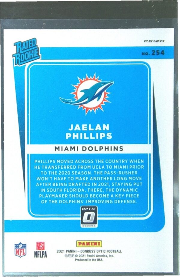 2021 Donruss Optic Jaelan Phillips Purple Shock RC #254 Dolphins - Image 3