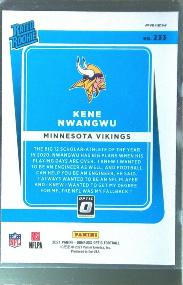 2021 Donruss Optic Kene Nwangwu Blue Hyper RC #233 Vikings - Image 3