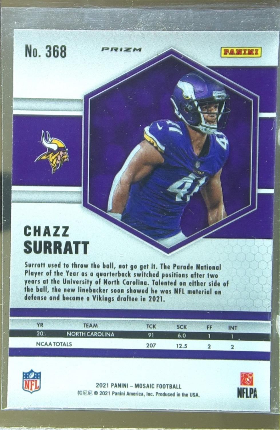 2021 Mosaic Chazz Surratt Prizm Reactive Orange RC #368 Vikings - Image 3