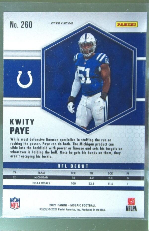 2021 Mosaic Kwity Paye Prizm RC #260 Colts - Image 3
