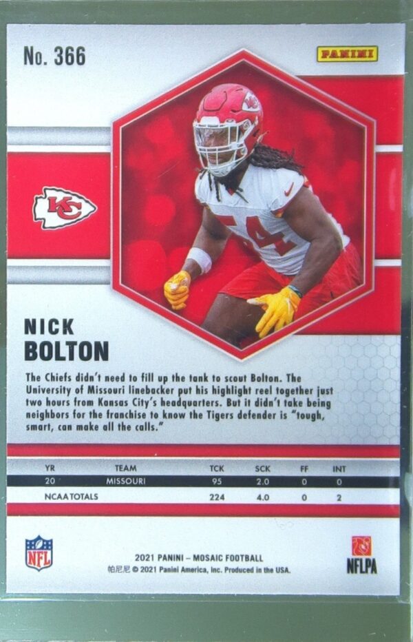 2021 Mosaic Nick Bolton RC #366 Chiefs - Image 3