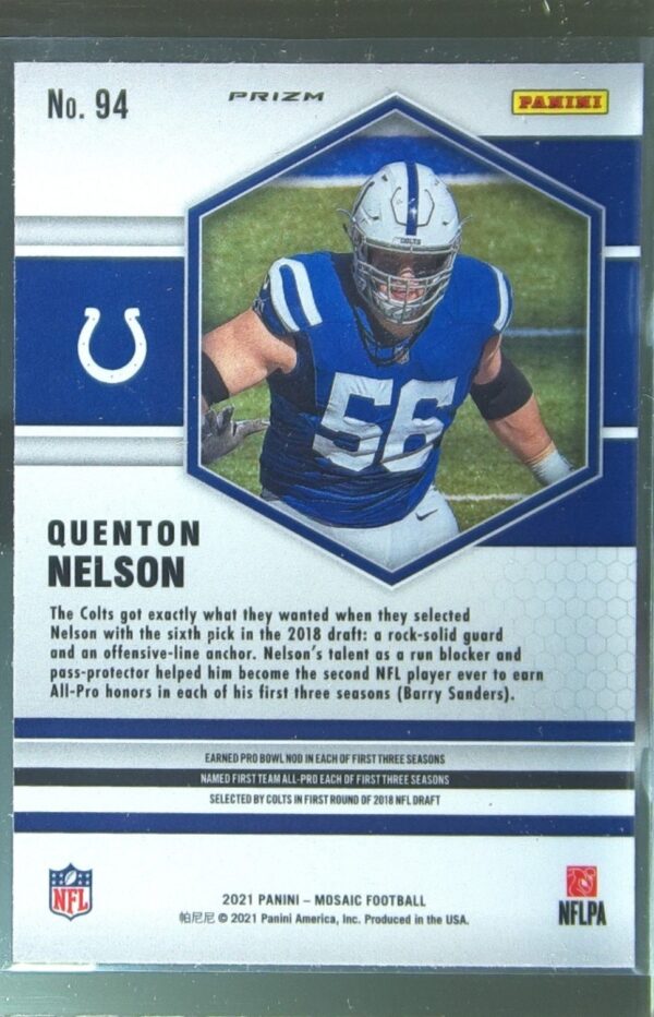2021 Mosaic Quenton Nelson Prizm Reactive Yellow #94 Colts - Image 3