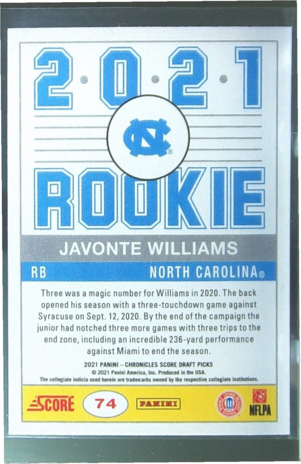 2021 Panini Chronicles Draft Picks Javonte Williams RC #74 Heels - Image 3