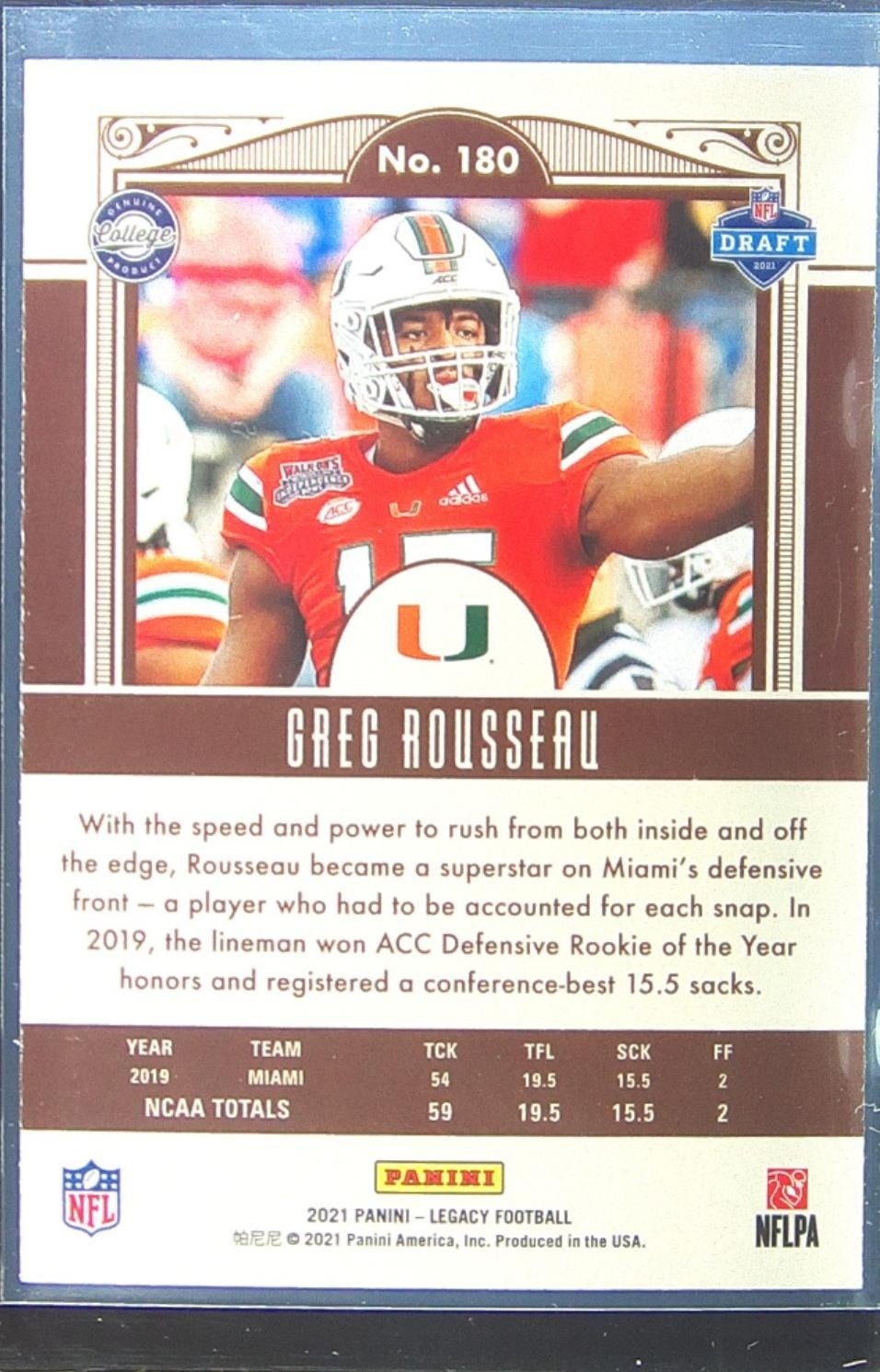 2021 Panini Legacy Greg Rousseau RC #180 Hurricanes - Image 3