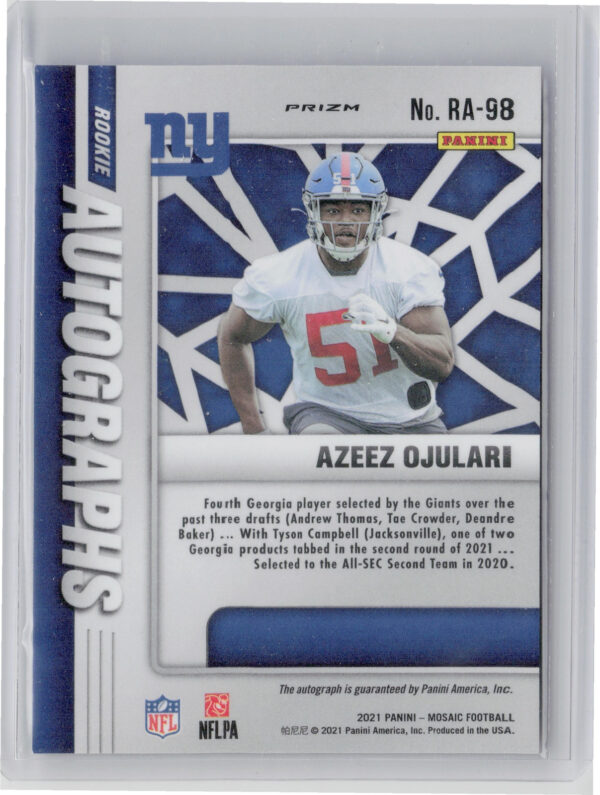 2021 Panini Mosaic Azeez Ojulari AU #RA-98 Giants Rookie Autographs Mosaic - Image 3