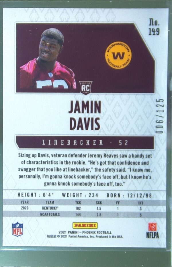 2021 Panini Phoenix Jamin Davis Purple /125 RC #149 Team - Image 3