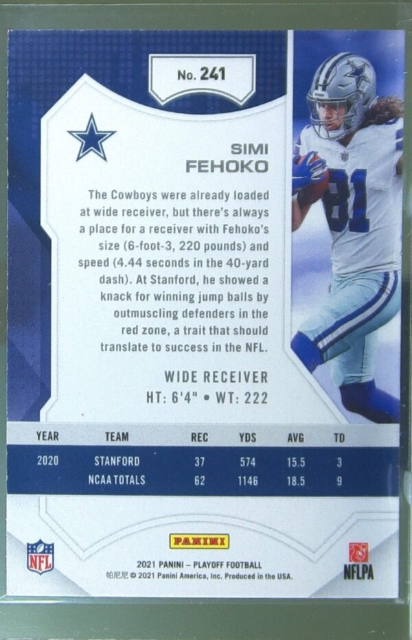 2021 Panini Playoff Simi Fehoko RC #241 Cowboys - Image 3