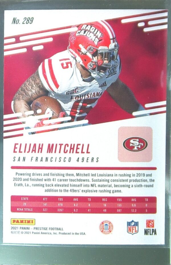 2021 Panini Prestige Elijah Mitchell RC #289 49ers - Image 3