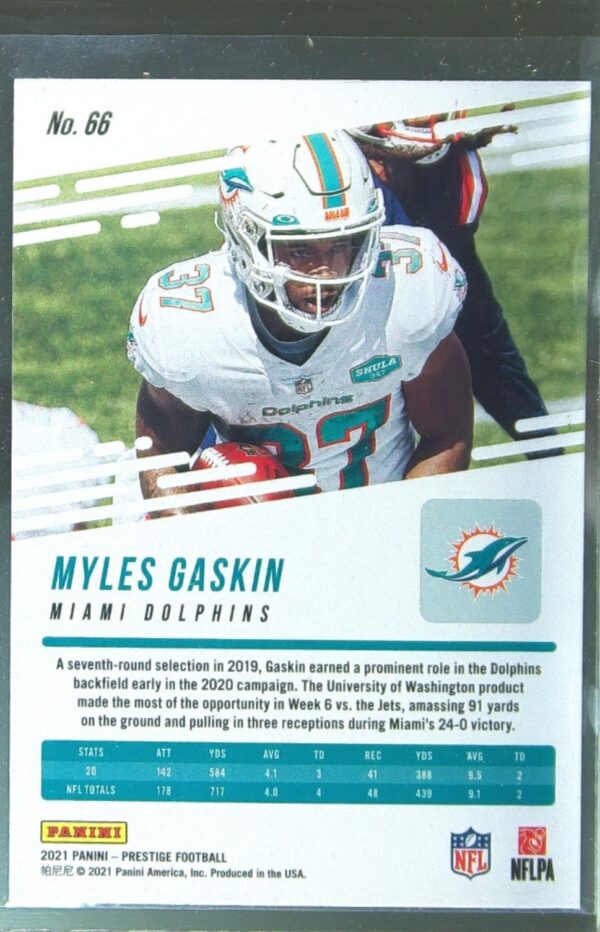 2021 Panini Prestige Myles Gaskin Xtra Points Astral #66 Dolphins - Image 3