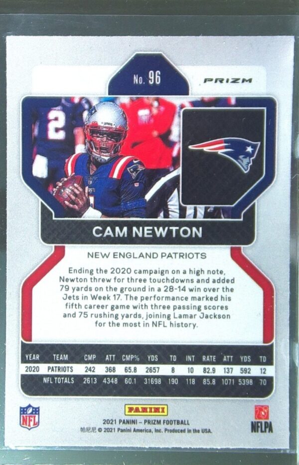 2021 Prizm Cam Newton orange Lazer #96 Patriots - Image 3