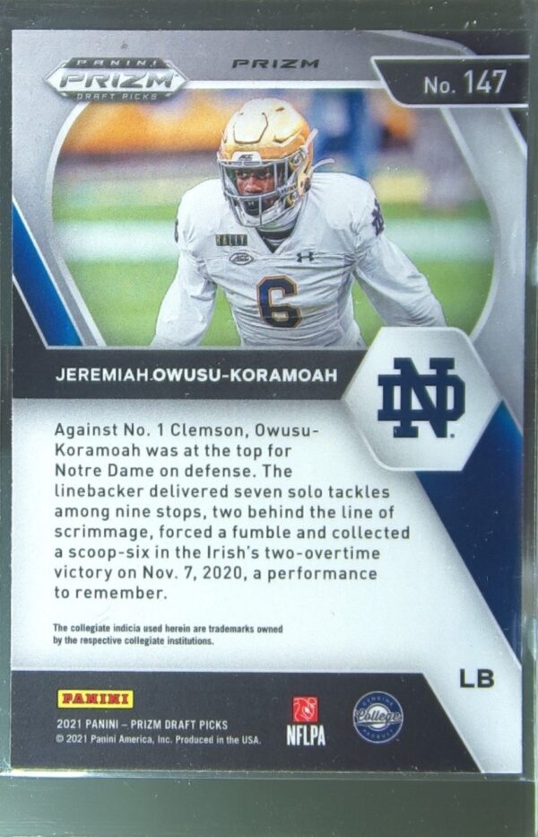 2021 Prizm Draft Picks Jeremiah Owusu-Koramoah Red White and Blue RC #147 Irish - Image 3