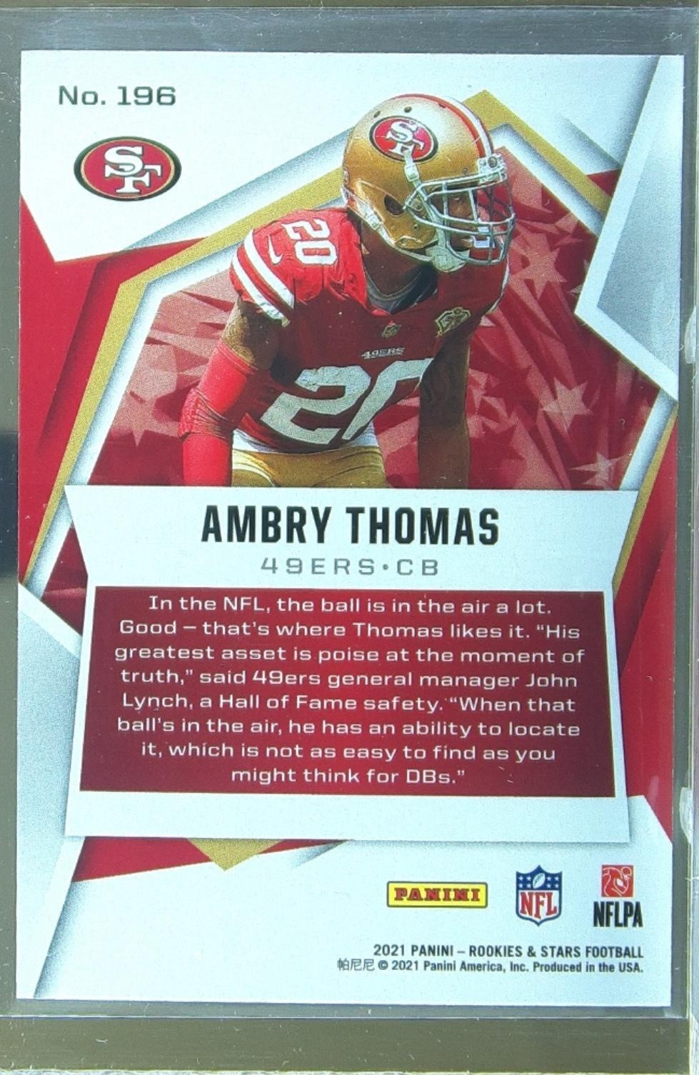 2021 Rookies & Stars Ambry Thomas RC #196 49ers - Image 3