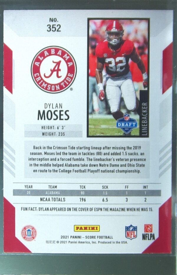 2021 Score Dylan Moses RC #352 Tide - Image 3
