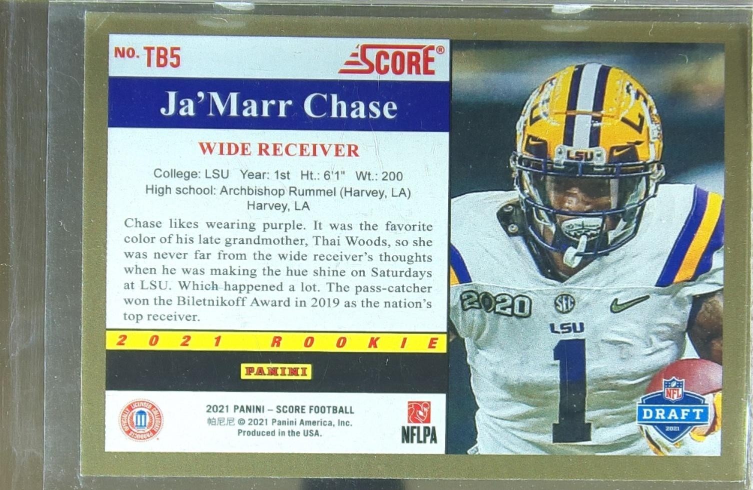 2021 Score Ja'Marr Chase RC #TB5 Tigers 1991 Throwback Purple - Image 3