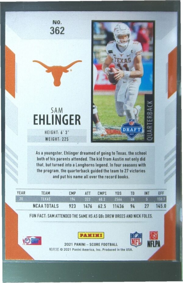 2021 Score Sam Ehlinger RC #362 Longhorns - Image 3