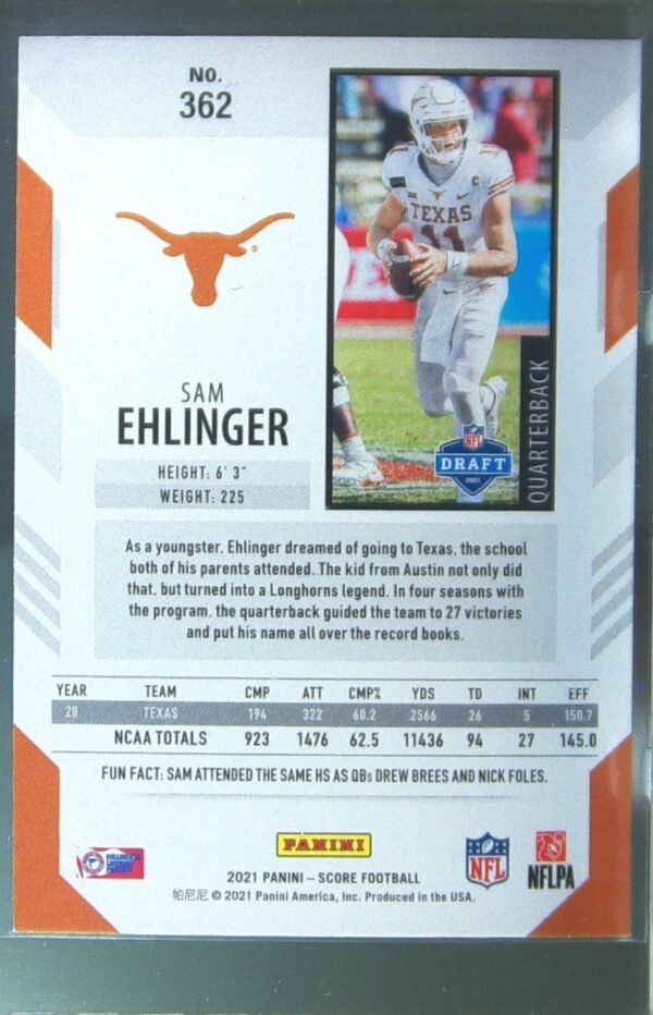 2021 Score Sam Ehlinger RC #362 Longhorns - Image 3