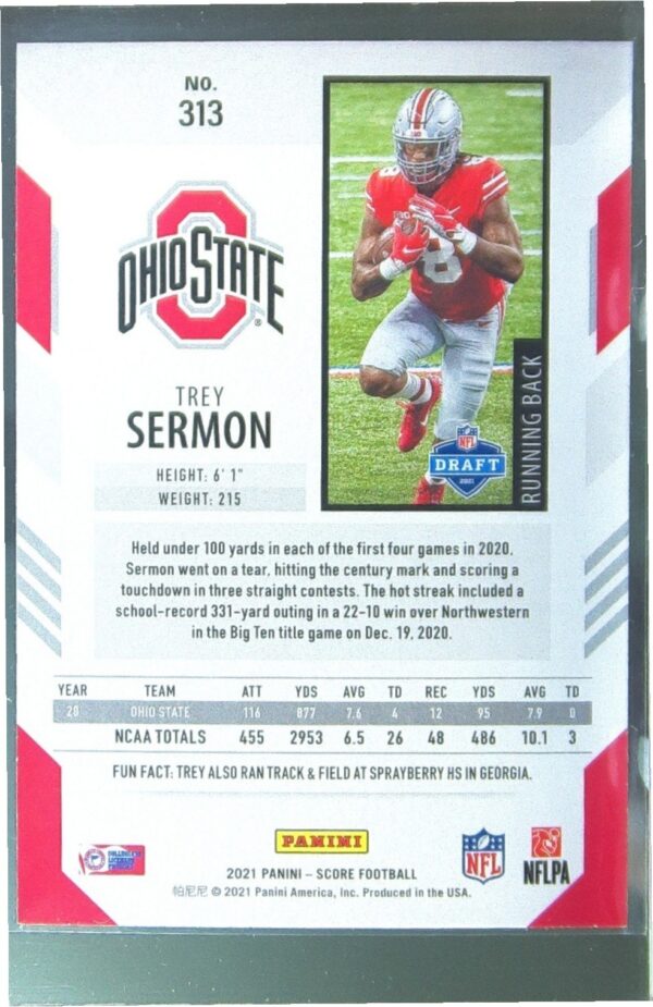 2021 Score Trey Sermon RC #313 Buckeyes - Image 3