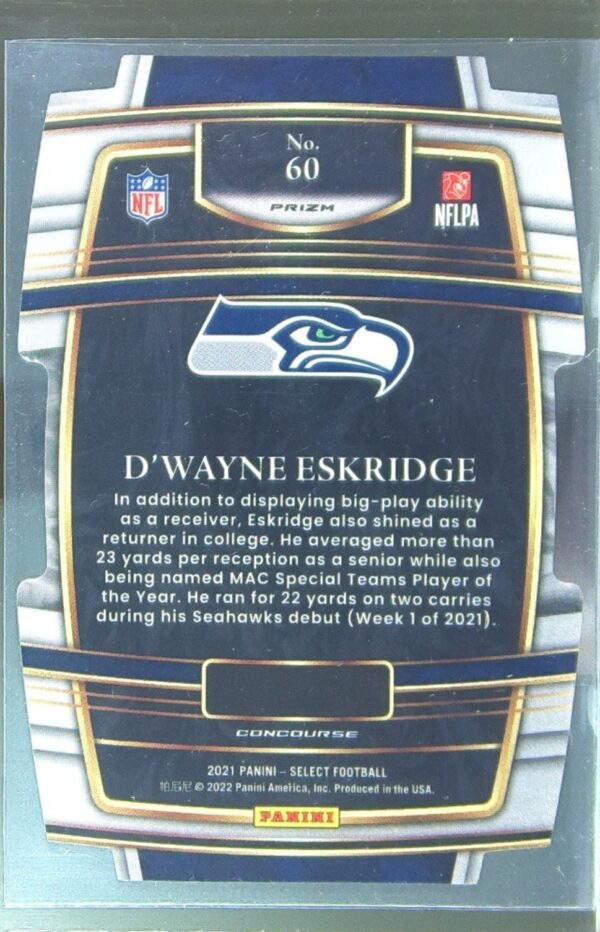 2021 Select D'Wayne Eskridge Green and Yellow Prizm Die Cut RC #60 Seahawks - Image 3