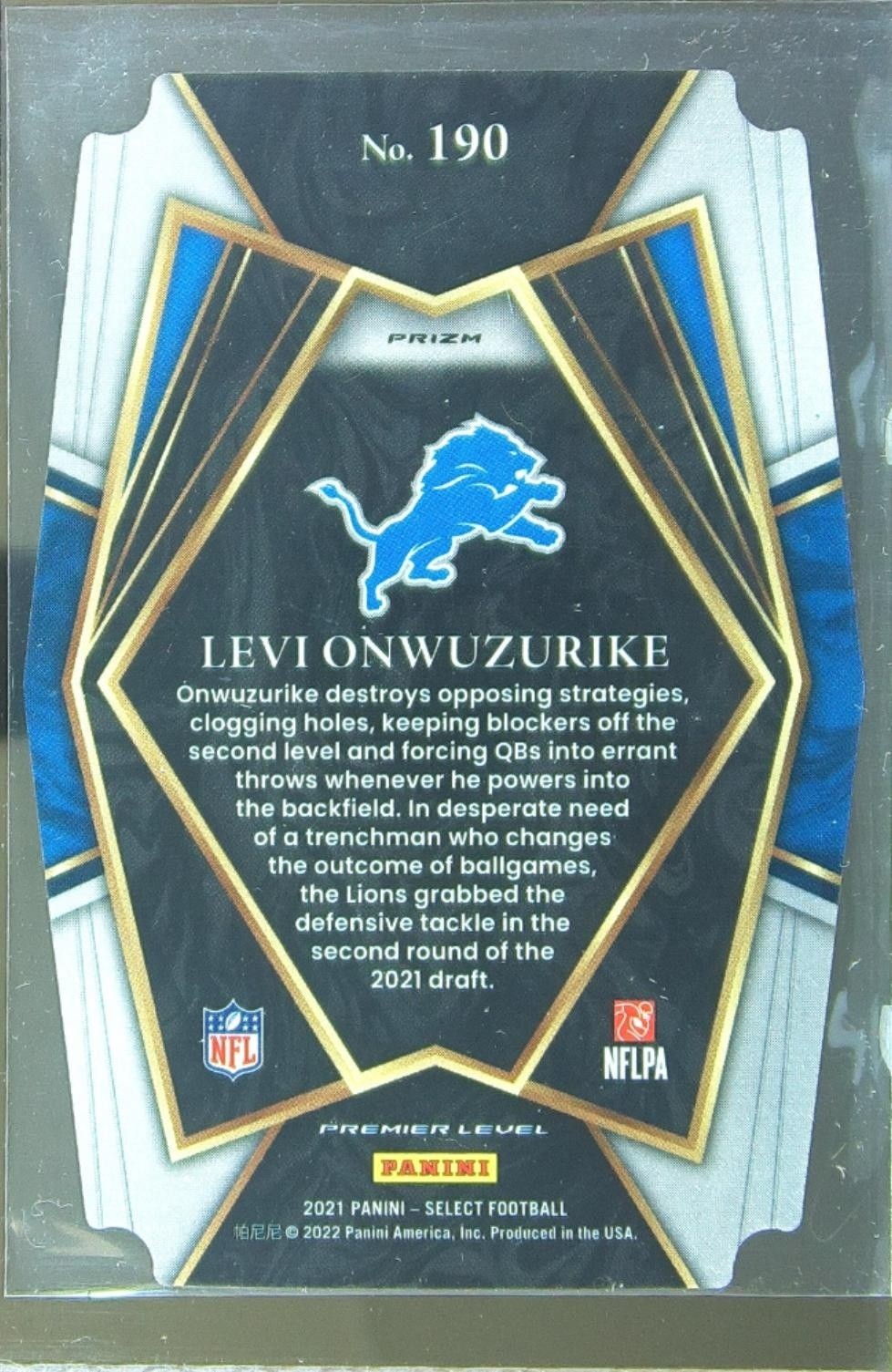 2021 Select Levi Onwuzurike Red and Yellow Prizm Die Cut RC #190 Lions - Image 3