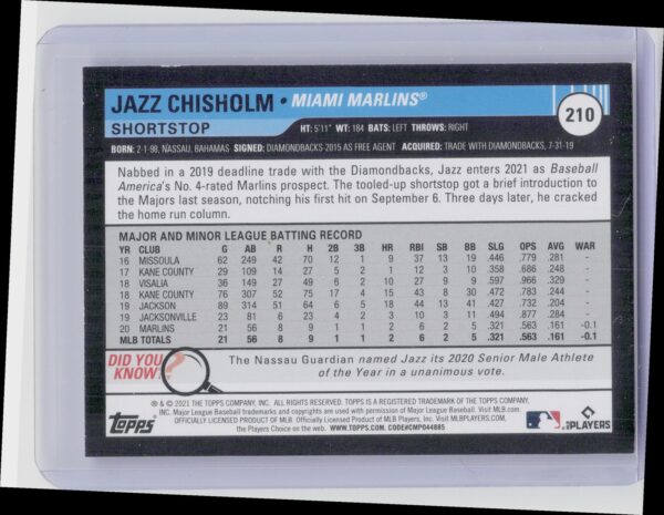 2021 Topps Big League Jazz Chisholm RC #210 Marlins - Image 3