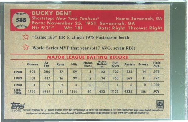 2021 Topps Chrome Platinum Anniversary Bucky Dent Prism Refractor #588 Yankees - Image 3