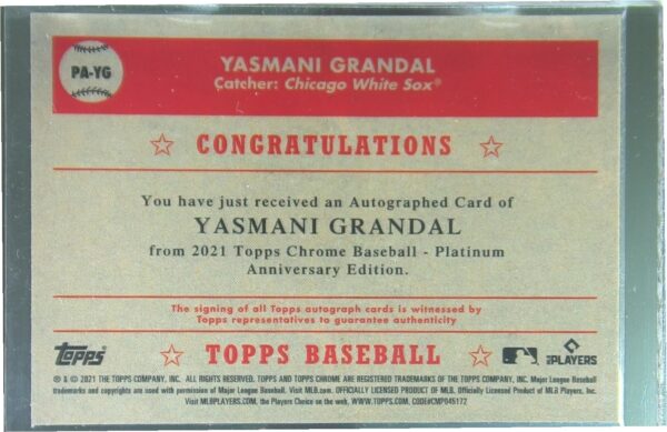 2021 Topps Chrome Platinum Anniversary Yasmani Grandal Auto #PA-YG Sox Autograph - Image 3