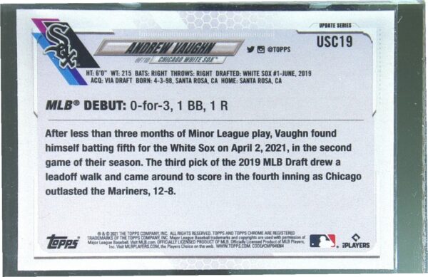 2021 Topps Chrome Update Andrew Vaughn Purple Refractor RC #USC19 Sox - Image 3