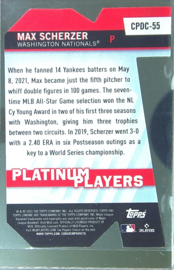 2021 Topps Chrome Update Max Scherzer #CPDC-55 Nationals Platinum Player Die Cut - Image 3