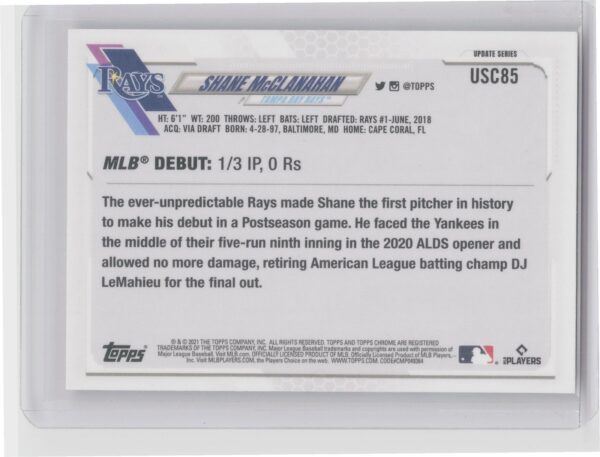 2021 Topps Chrome Update Shane McClanahan Purple Refractor #USC85 Rays - Image 3