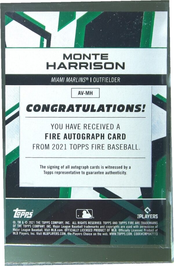 2021 Topps Fire Monte Harrison Auto RC #AV-MH Marlins Autographs - Image 3