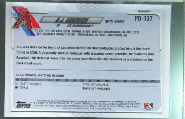 2021 Topps Pro Debut A.J. Vukovich Auto #PD-137 Diamondbacks Autographs - Image 3
