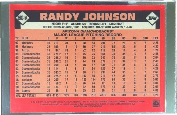 2021 Topps Randy Johnson #86BC-54 Diamondbacks 1986 35th Anniversary Series 1 - Image 3