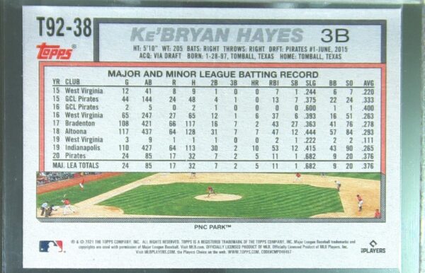 2021 Topps Update Ke'Bryan Hayes RC #T92-38 Pirates 1992 Topps Redux - Image 3
