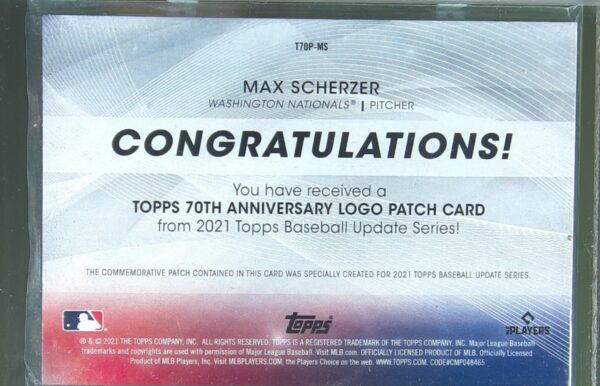 2021 Topps Update Max Scherzer #T70P-MS Nationals Topps 70th Anniversary Logo - Image 3