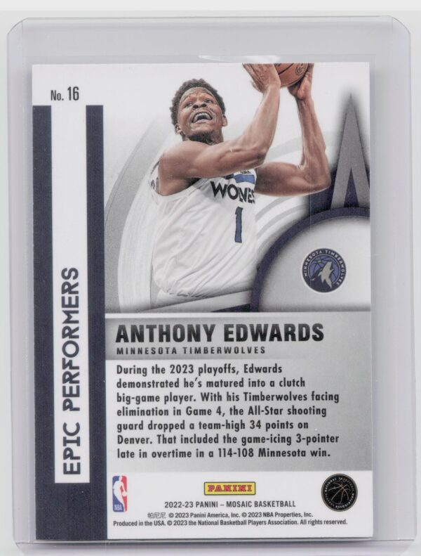 2022-23 Panini Mosaic Anthony Edwards Epic Performers #16 Timberwolves - Image 3