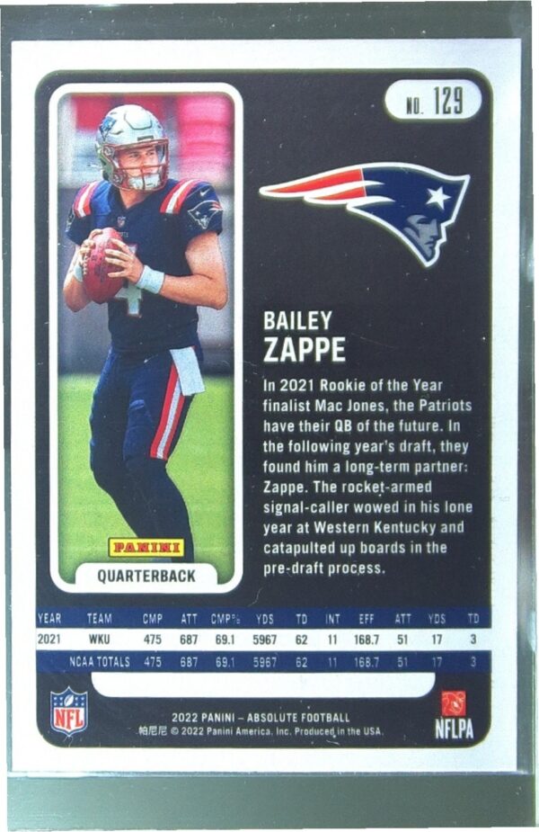 2022 Absolute Bailey Zappe Retail RC #129 Patriots - Image 3