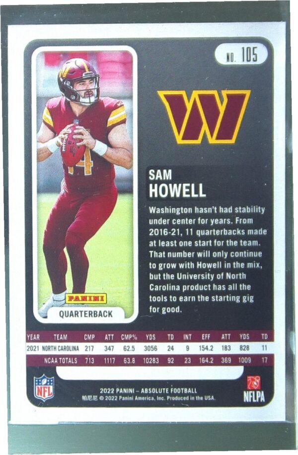 2022 Absolute Sam Howell Retail RC #105 Commanders - Image 3