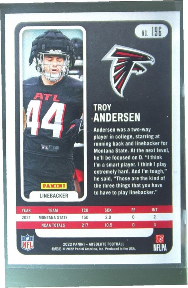 2022 Absolute Troy Andersen Retail RC #196 Falcons - Image 3