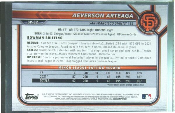 2022 Bowman Aeverson Arteaga /399 #BP-82 Giants Prospects Neon Green - Image 3