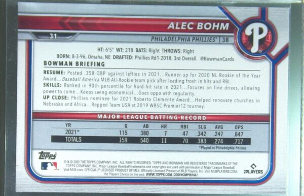 2022 Bowman Alec Bohm Green Pattern /99 #31 Phillies - Image 3