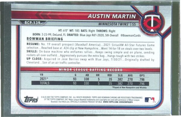 2022 Bowman Austin Martin /250 #BCP-139 Chrome Prospects Mojo Purple Refractor - Image 3