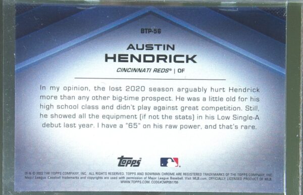 2022 Bowman Chrome Austin Hendrick /125 #BTP-56 Reds Bowman Scouts' Top 100 Aqua - Image 3