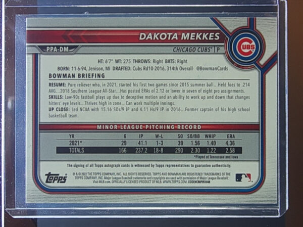 2022 Bowman Dakota Mekkes AU #PPA-DM Cubs Prospect Autographs - Image 3
