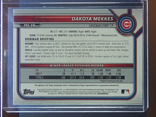 2022 Bowman Dakota Mekkes AU #PPA-DM Cubs Prospect Autographs - Image 3