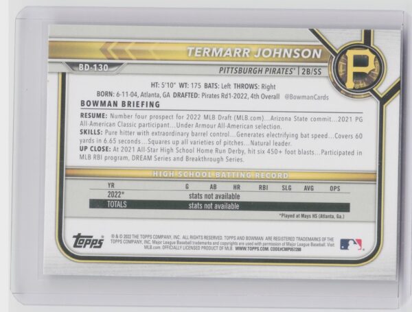 2022 Bowman Draft Termarr Johnson #BD-130 Pirates - Image 3