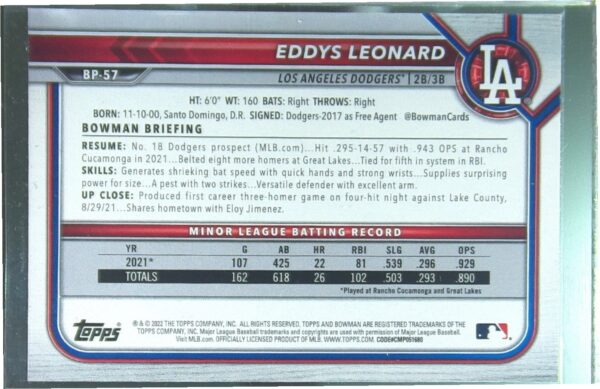 2022 Bowman Eddys Leonard /199 #BP-57 Dodgers Prospects Purple Pattern - Image 3